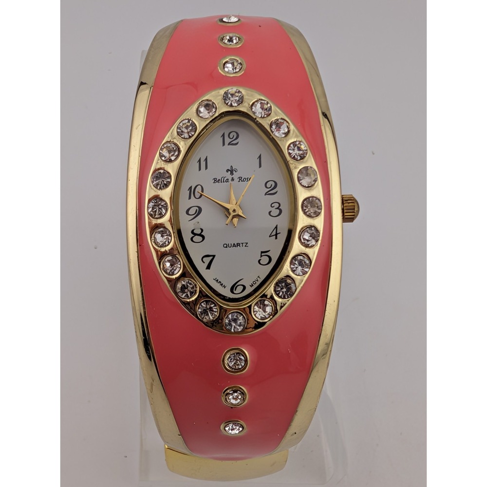 Bella & Rose Watch Women Gold & Pink Enamel Bangle Band- New Battery